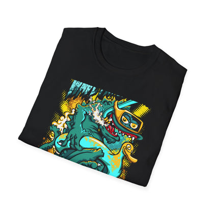 Epic 'WAVE I'M COMING' Monster T-Shirt - Hilarious Swimming Dragon & Duck Float Graphic Tee for Summer Fun & Beach Adventures