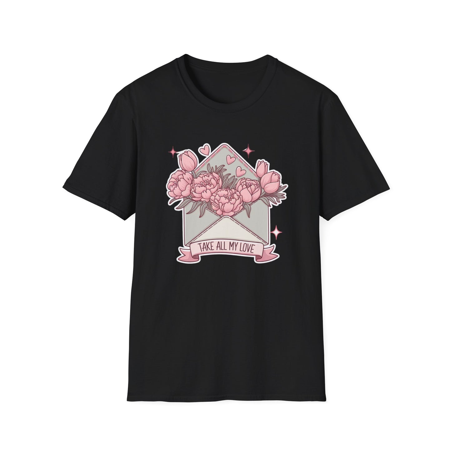 Sweet Love Letter T-Shirt: 'Take All My Love' Peony & Tulip Envelope Tee | Romantic Gift for Her