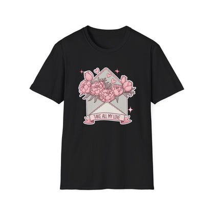 Sweet Love Letter T-Shirt: 'Take All My Love' Peony & Tulip Envelope Tee | Romantic Gift for Her