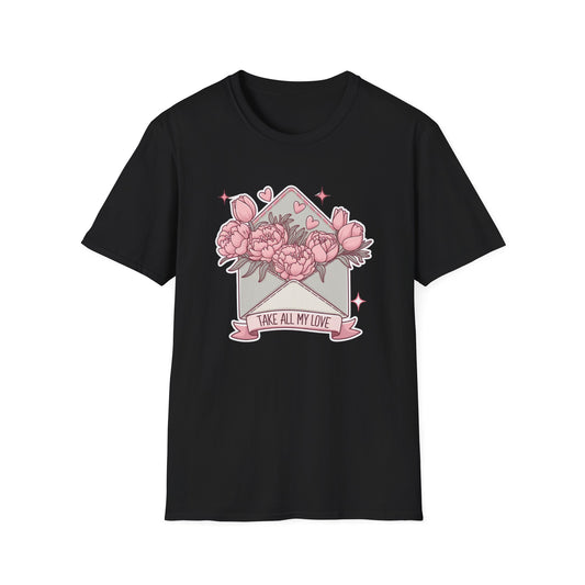 Sweet Love Letter T-Shirt: 'Take All My Love' Peony & Tulip Envelope Tee | Romantic Gift for Her