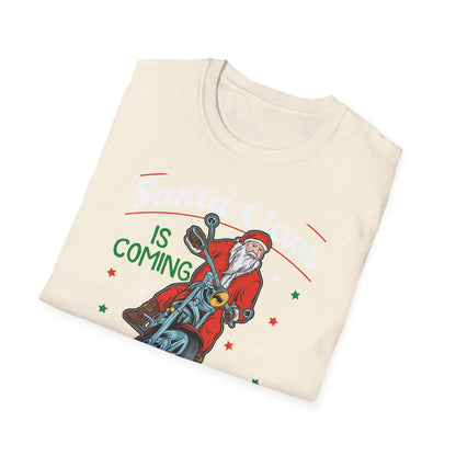 Epic Santa Biker T-Shirt - Cool Christmas Motorcycle Tee | Funny Holiday Rider Apparel Gift for Men & Women | 'Santa Is Coming To Town'