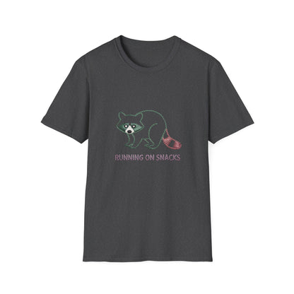 Hilarious Raccoon Running On Snacks T-Shirt | Unique Embroidered Style Animal Lover Tee | Funny Foodie Gift