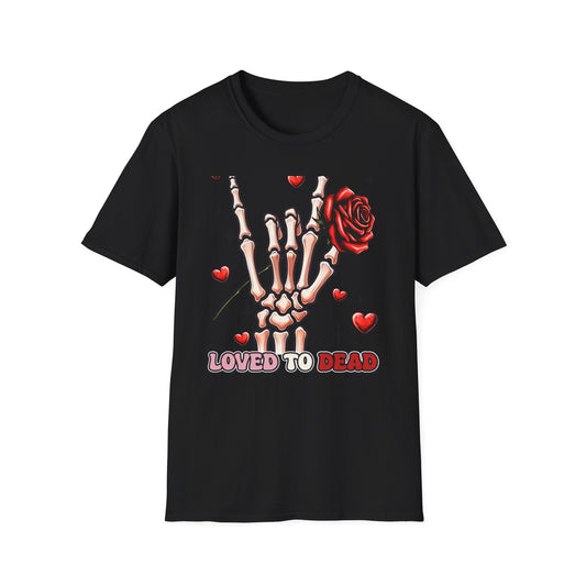 Unleash Your Dark Romance: 'Loved to Dead' Skeleton Rock Hand Rose T-Shirt | Edgy Gothic Valentine's Gift