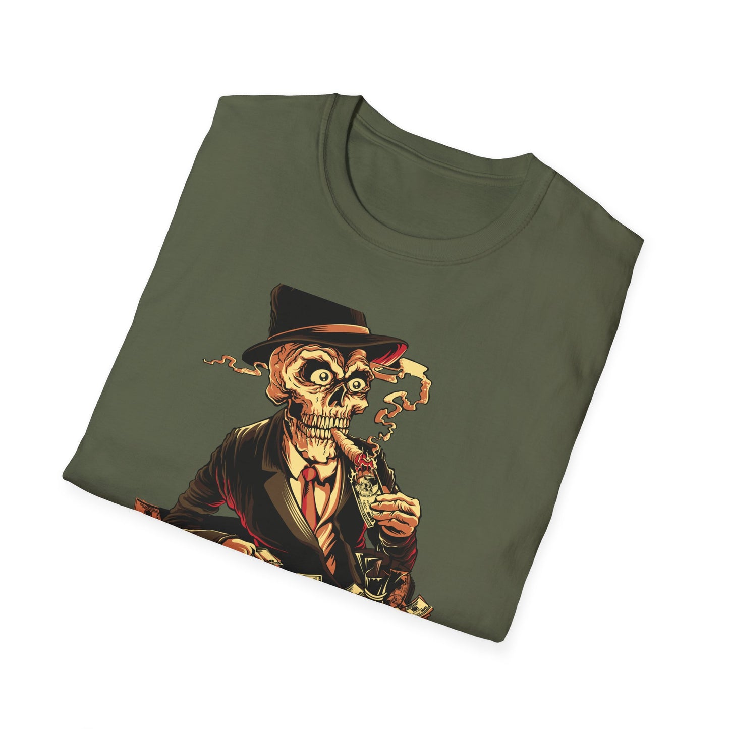 Epic Billionaire Skeleton T-Shirt: Dapper Skull, Money Stacks & Burning Dollar Cigar - Ultimate Hustle Tee