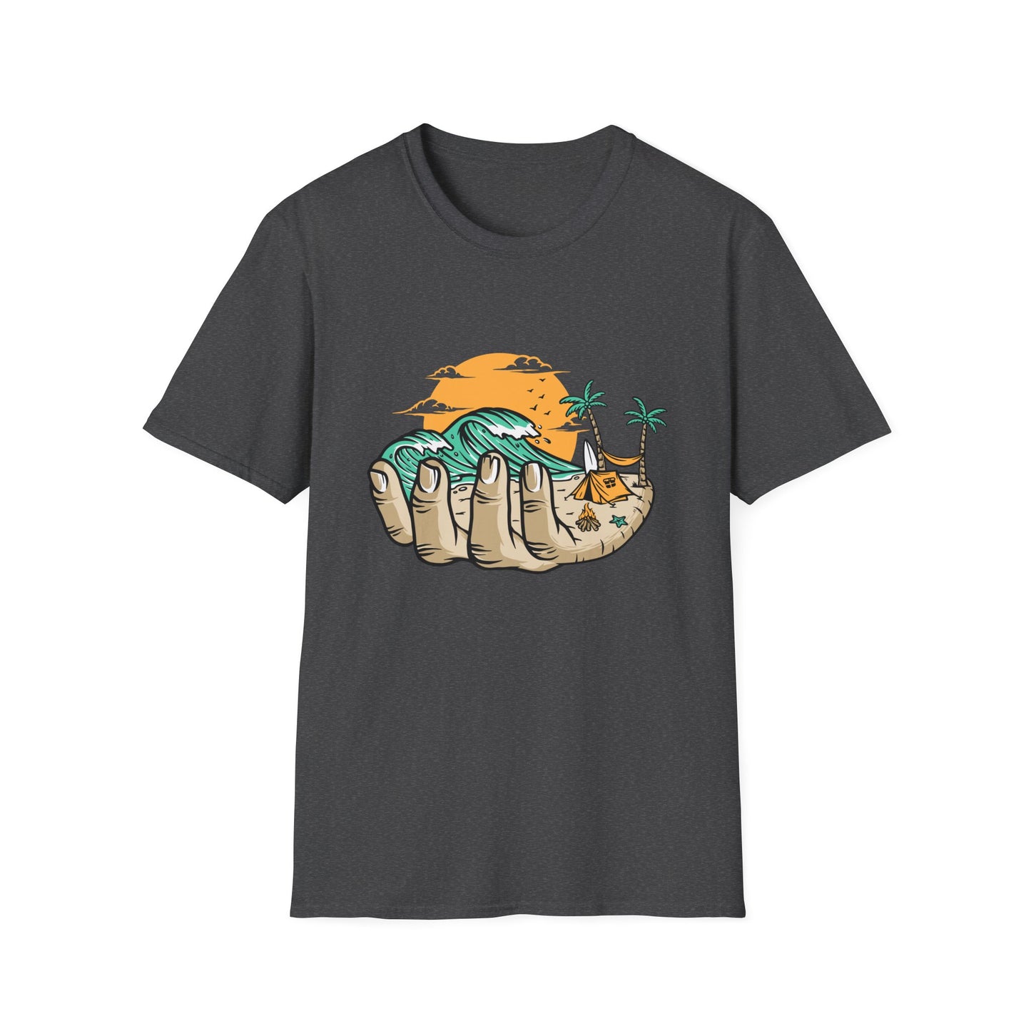 Epic Beach Life Hand T-Shirt | Surf, Camp & Travel Adventure Tee | Vibrant Tropical Sunset Vacation Top