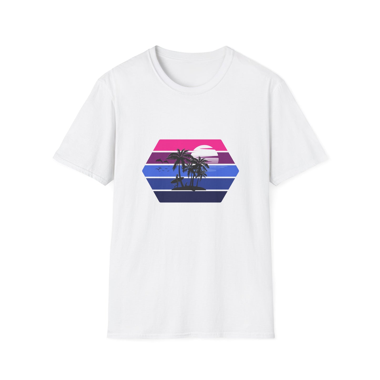 Stunning Tropical Sunset Surfer T-Shirt - Vibrant Beach Paradise Palm Tree Design Tee for Summer & Vacation
