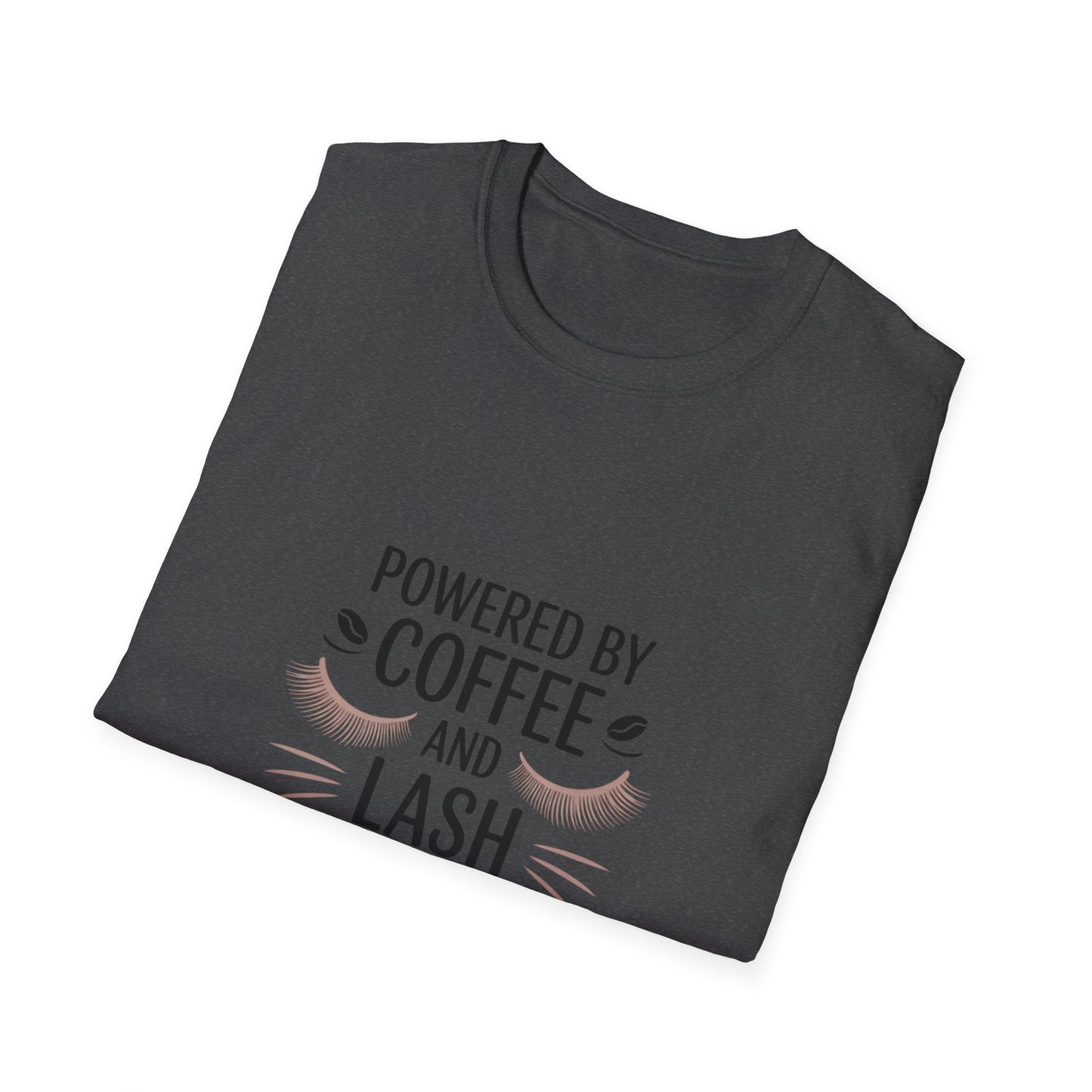 Chic 'Powered by Coffee & Lash Extensions' T-Shirt | Fabulous Lash Tech & Beauty Lover Tee with Cat Eye Design