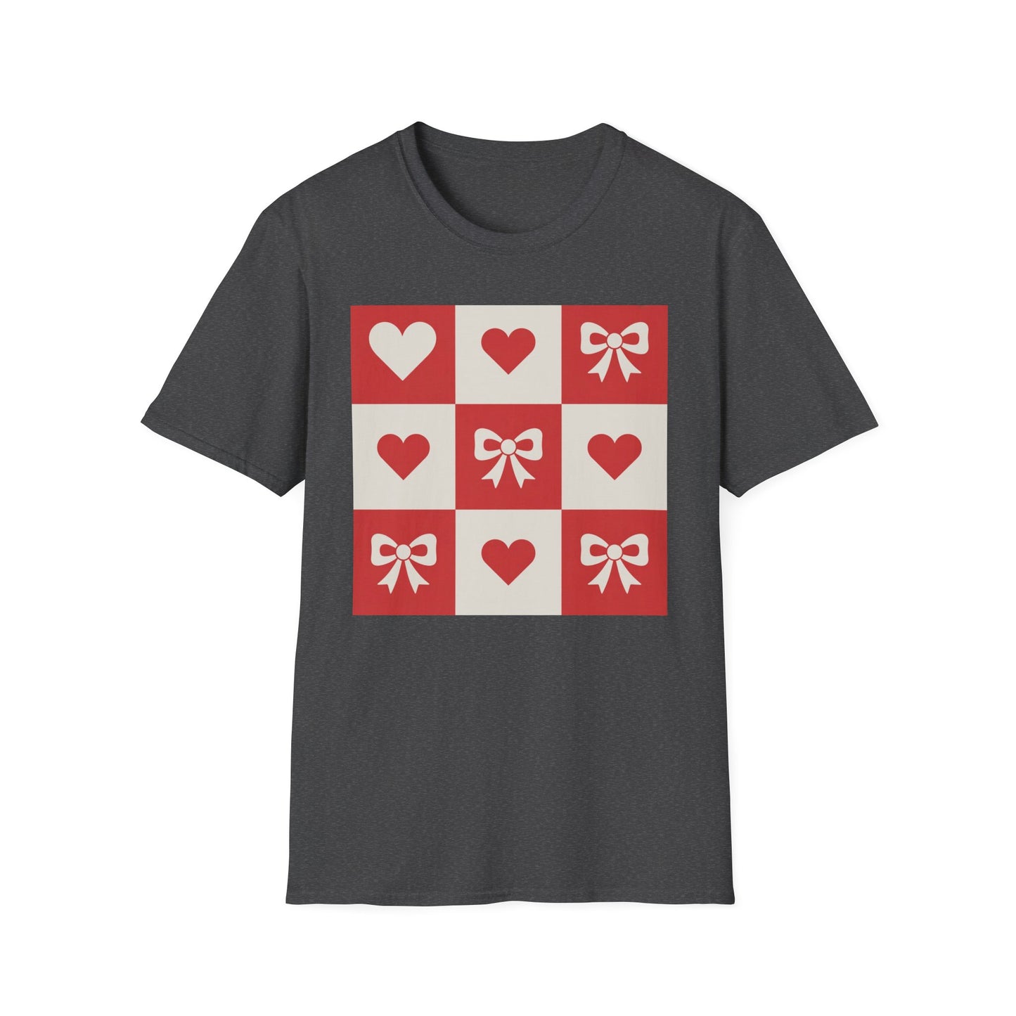 Charming Hearts & Bows Checkerboard T-Shirt | Sweet Love Pattern Tee | Perfect Valentine's Day Gift for Her