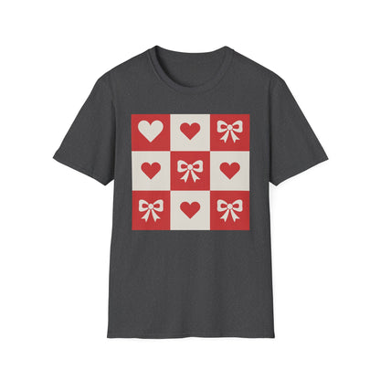 Charming Hearts & Bows Checkerboard T-Shirt | Sweet Love Pattern Tee | Perfect Valentine's Day Gift for Her