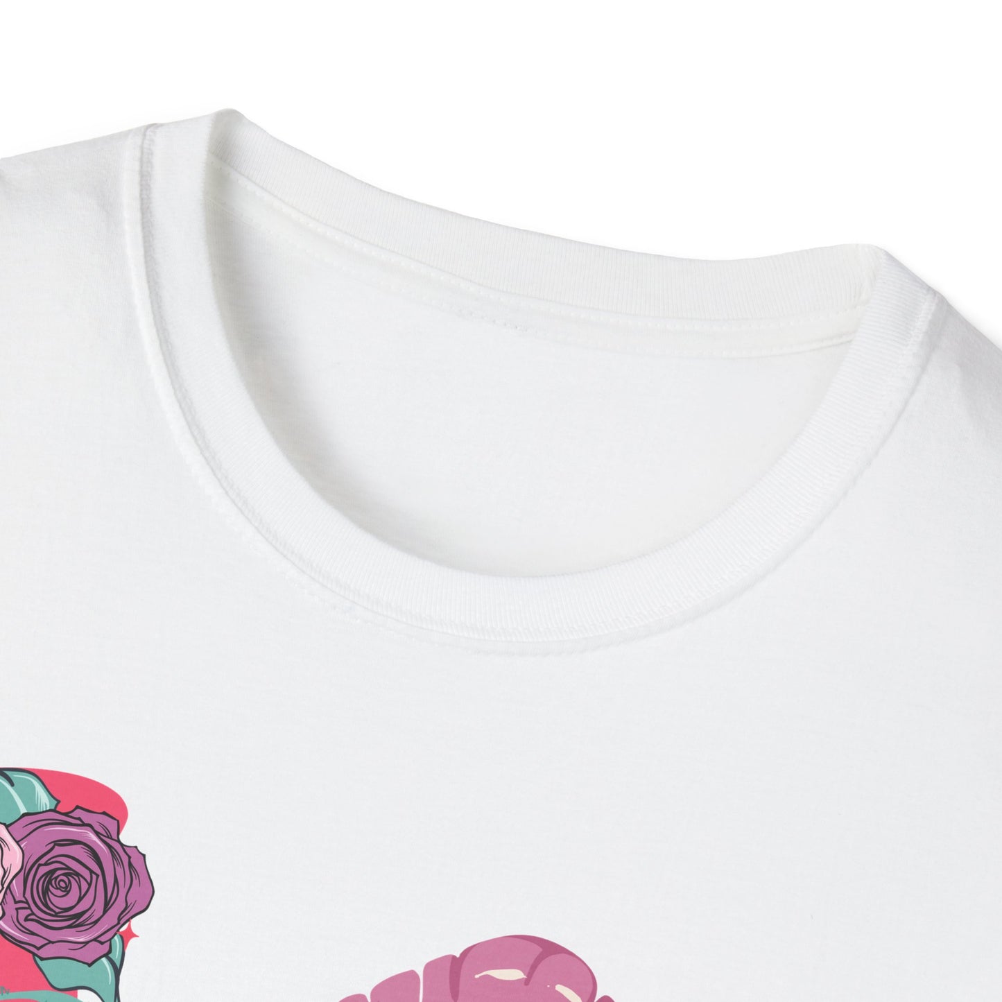 Edgy Pink Grunge T-Shirt: Skull Kiss, Peace Skeleton Hand, Roses & Heart Initial 'E' Design. Trendy Alt Fashion Tee.