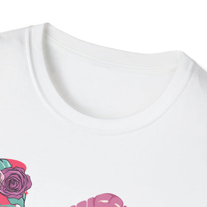 Edgy Pink Grunge T-Shirt: Skull Kiss, Peace Skeleton Hand, Roses & Heart Initial 'E' Design. Trendy Alt Fashion Tee.