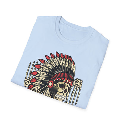 Striking Native Chief Skull Headdress T-Shirt - Unique Gothic Biker Tattoo Art Apparel for Rebel Souls