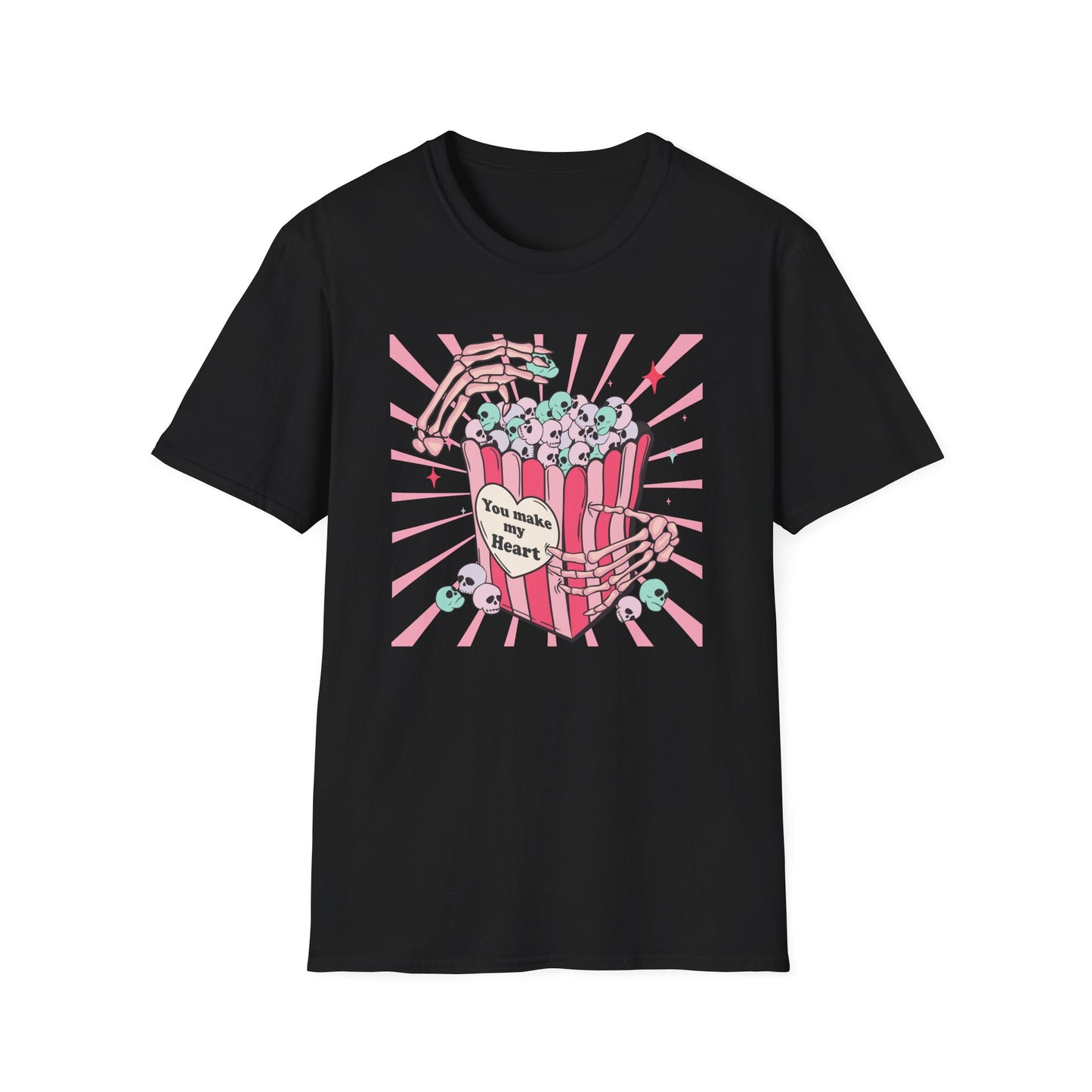 Spooky Sweet Skeleton 'You Make My Heart' T-Shirt | Pastel Goth Skull Popcorn Tee | Edgy Valentine's Day Gift for Unique Love