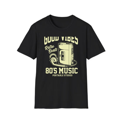 Awesome Retro 80s Music Good Vibes T-Shirt - Vintage Cassette Player & Headphones Tee | Nostalgic Portable Stereo Gift