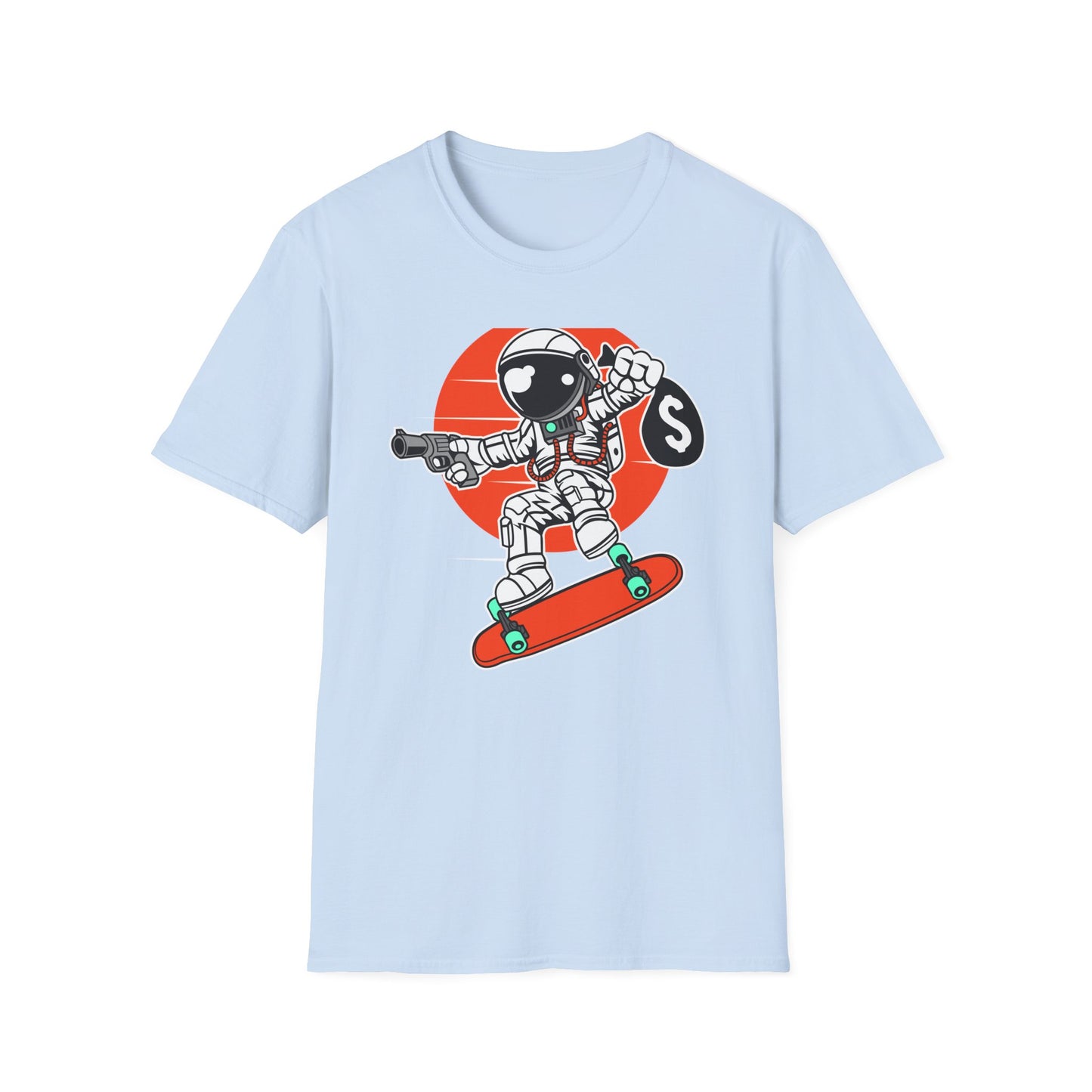 Epic Astronaut Skater T-Shirt: Cosmic Rebel with Cash & Gun | Unique Streetwear Space Outlaw Graphic Tee