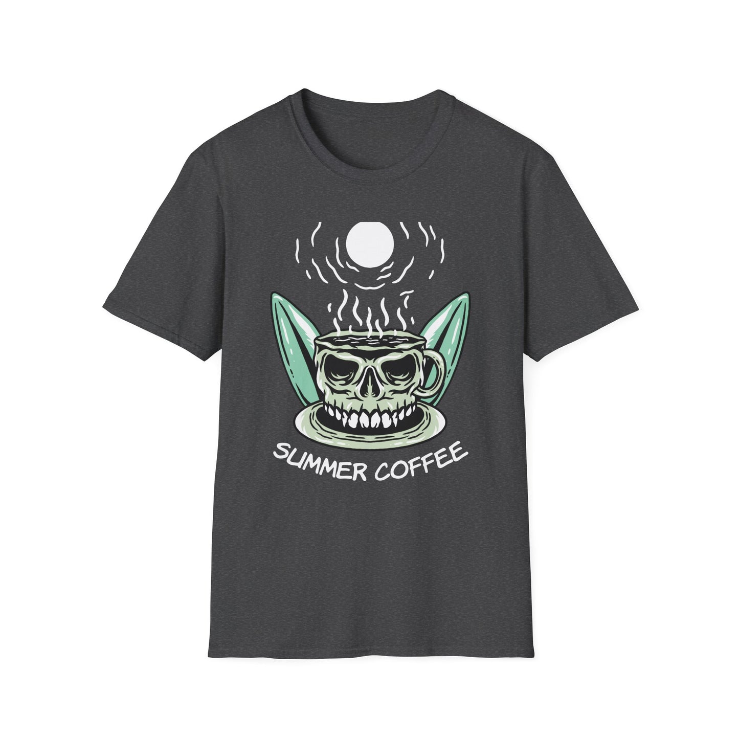 Skull Coffee Surfboard T-Shirt | Edgy Summer Beach Vibes Tee | Unique Design for Coffee Lovers & Surfers