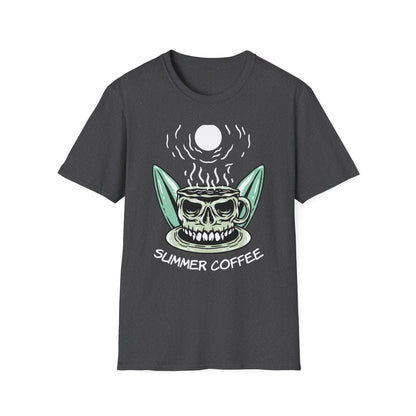 Skull Coffee Surfboard T-Shirt | Edgy Summer Beach Vibes Tee | Unique Design for Coffee Lovers & Surfers