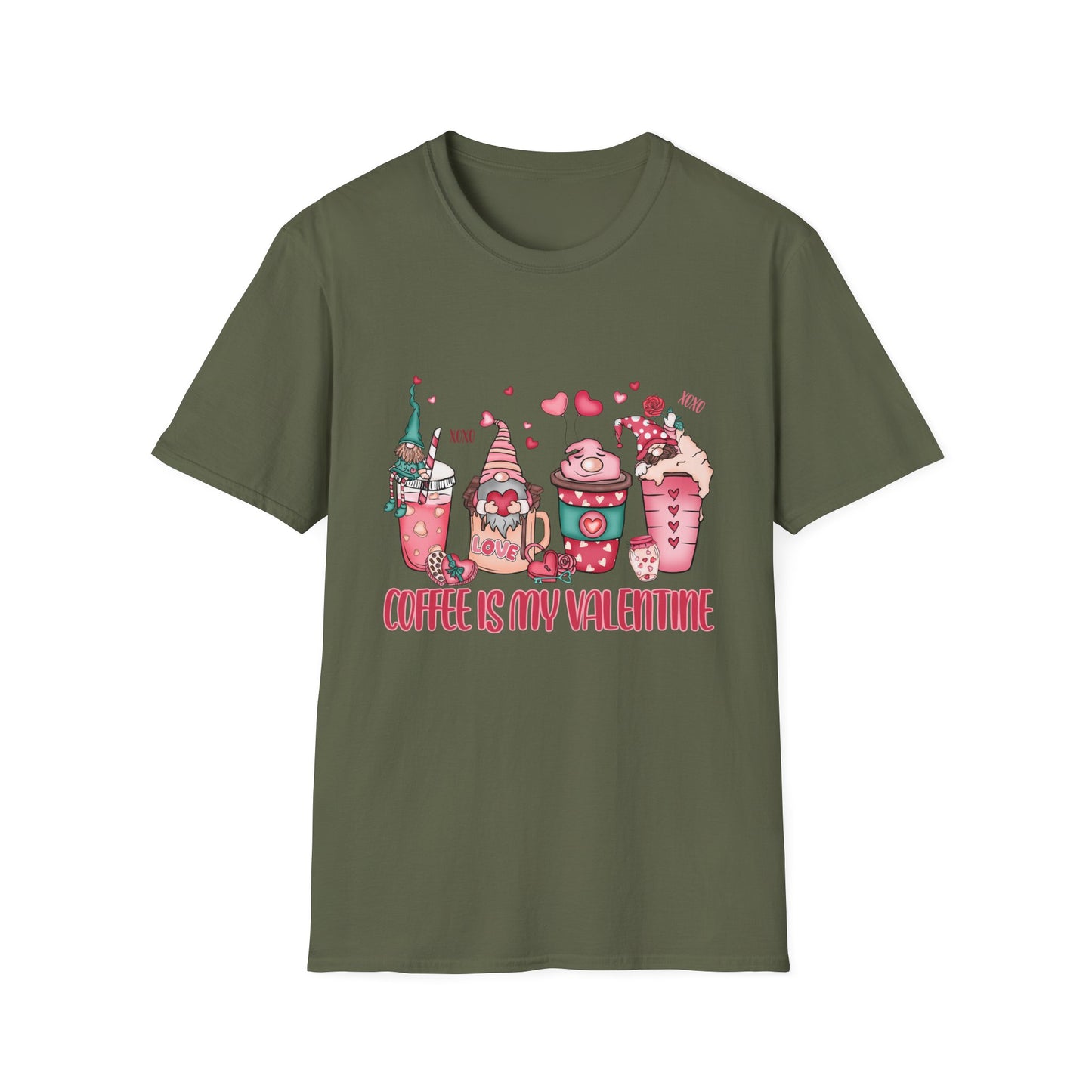 Adorable Coffee is My Valentine Gnomes T-Shirt | Whimsical Hearts & Coffee Lover Tee | Funny Anti-Valentine Gift