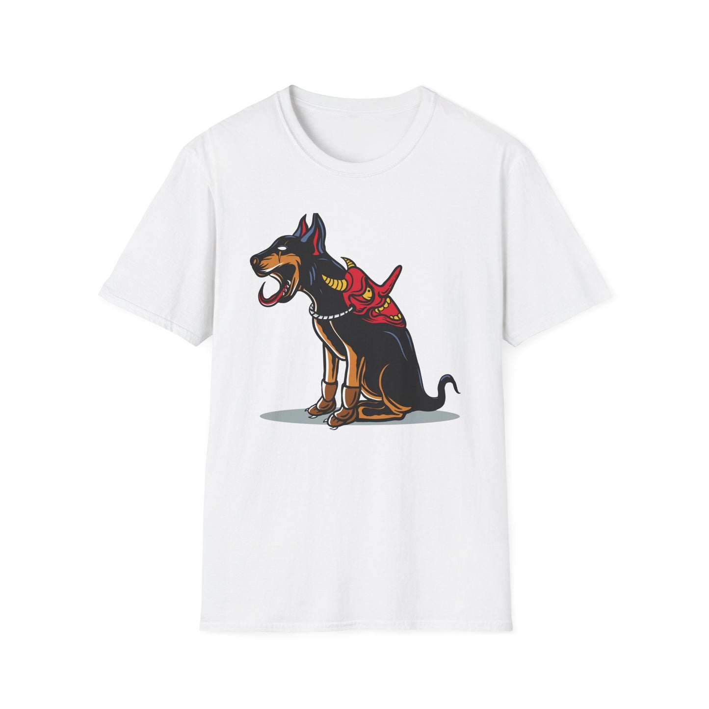 Fierce Doberman Hannya Mask T-Shirt: Epic Japanese Demon Dog Design. Bold Statement Tee for Edgy Dog Lovers & Culture Fans.