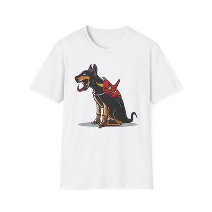 Fierce Doberman Hannya Mask T-Shirt: Epic Japanese Demon Dog Design. Bold Statement Tee for Edgy Dog Lovers & Culture Fans.