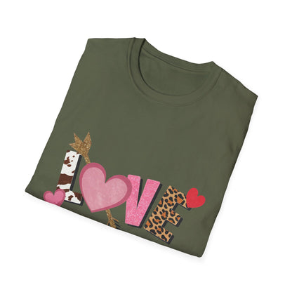 Chic LOVE T-Shirt with Sparkling Glitter Hearts & Bold Animal Print | Trendy Valentine's Day & Everyday Fashion Tee for Her