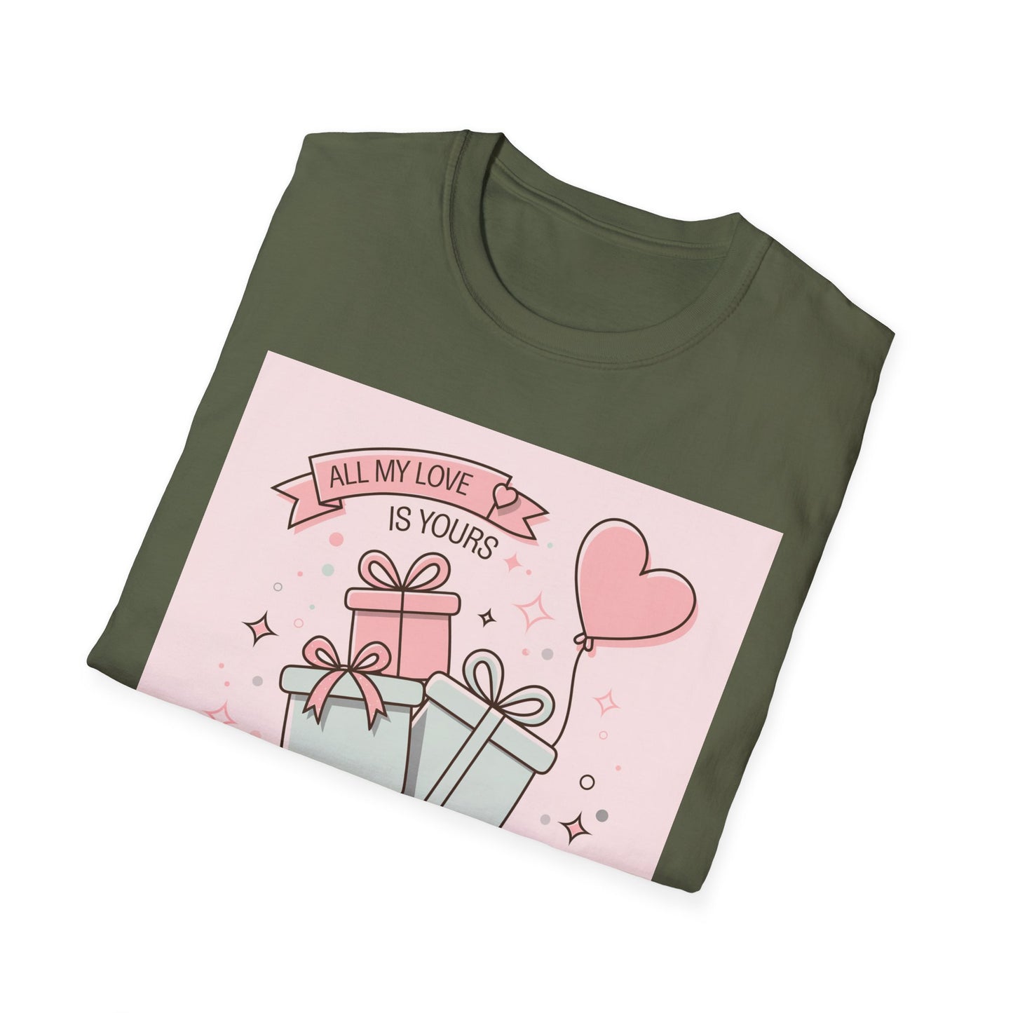 Charming 'All My Love Is Yours' Valentine's Day T-Shirt | Heart Balloon & Gift Boxes Tee | Romantic Gift Apparel