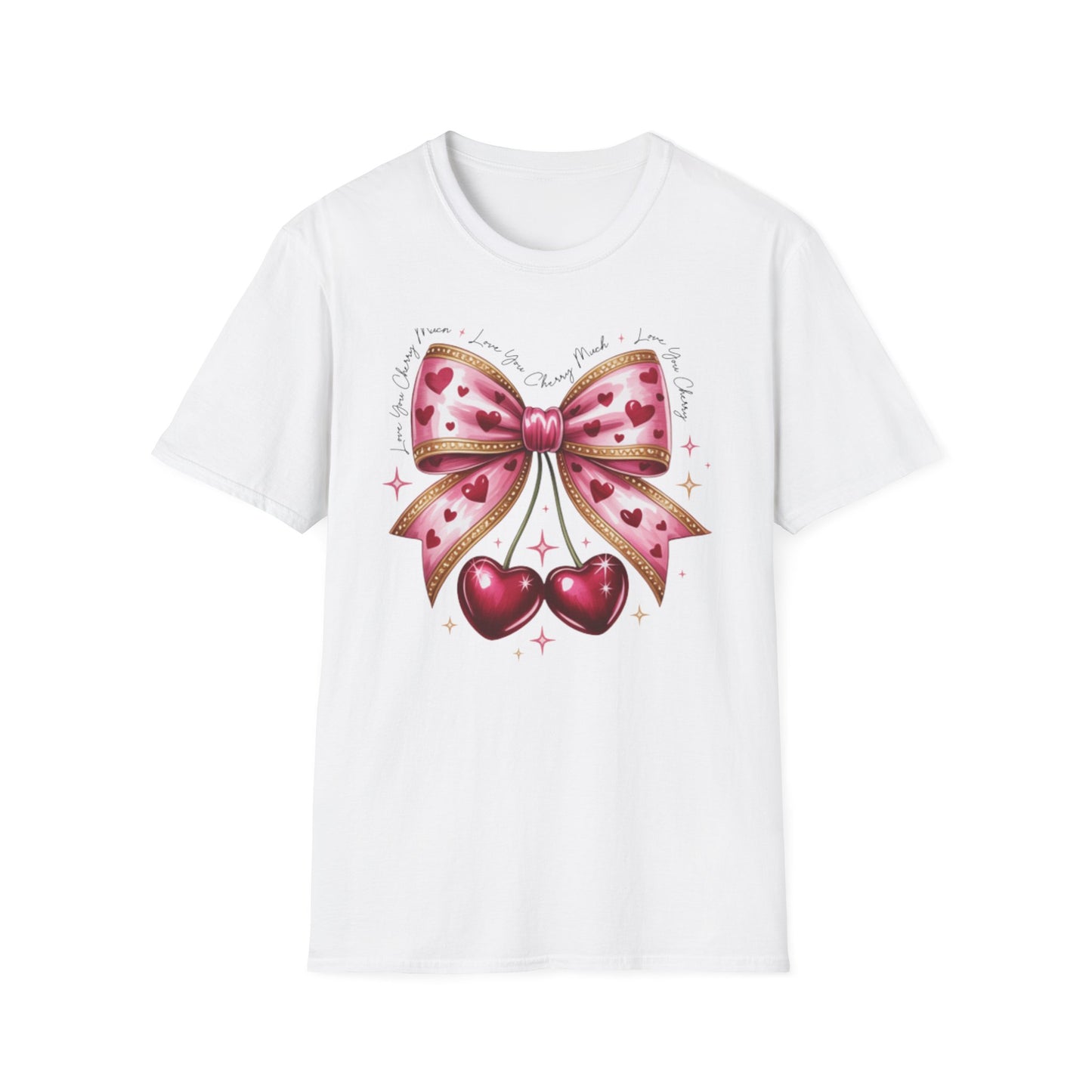 Chic Coquette Cherry Hearts Bow T-Shirt | Adorable Pink Romantic Aesthetic Tee | Sweet Valentine's Day Gift for Her