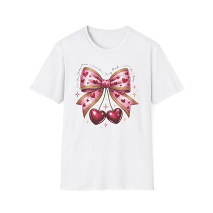 Chic Coquette Cherry Hearts Bow T-Shirt | Adorable Pink Romantic Aesthetic Tee | Sweet Valentine's Day Gift for Her