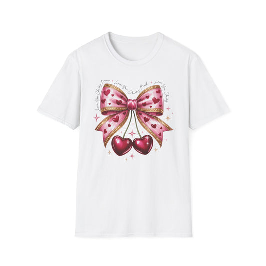 Chic Coquette Cherry Hearts Bow T-Shirt | Adorable Pink Romantic Aesthetic Tee | Sweet Valentine's Day Gift for Her