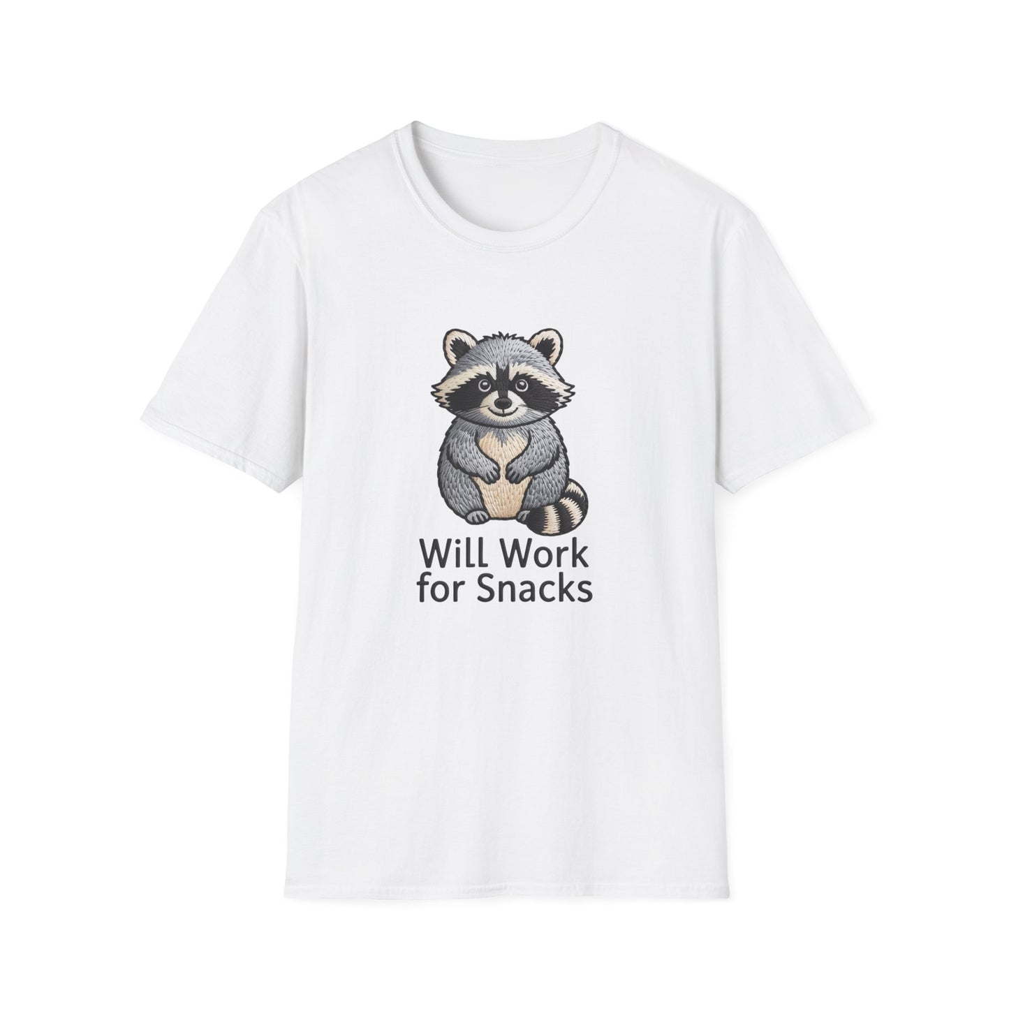 Hilarious "Will Work for Snacks" Raccoon T-Shirt - Adorable Embroidered Look Tee for Animal & Food Lovers! Must-Have Funny Gift