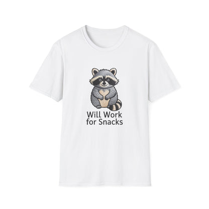Hilarious "Will Work for Snacks" Raccoon T-Shirt - Adorable Embroidered Look Tee for Animal & Food Lovers! Must-Have Funny Gift