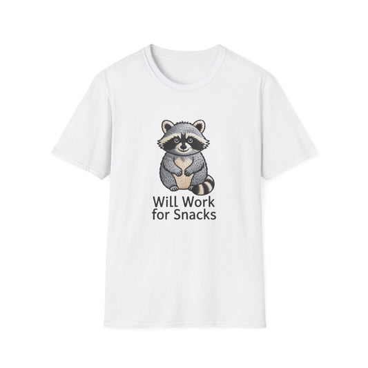 Hilarious "Will Work for Snacks" Raccoon T-Shirt - Adorable Embroidered Look Tee for Animal & Food Lovers! Must-Have Funny Gift
