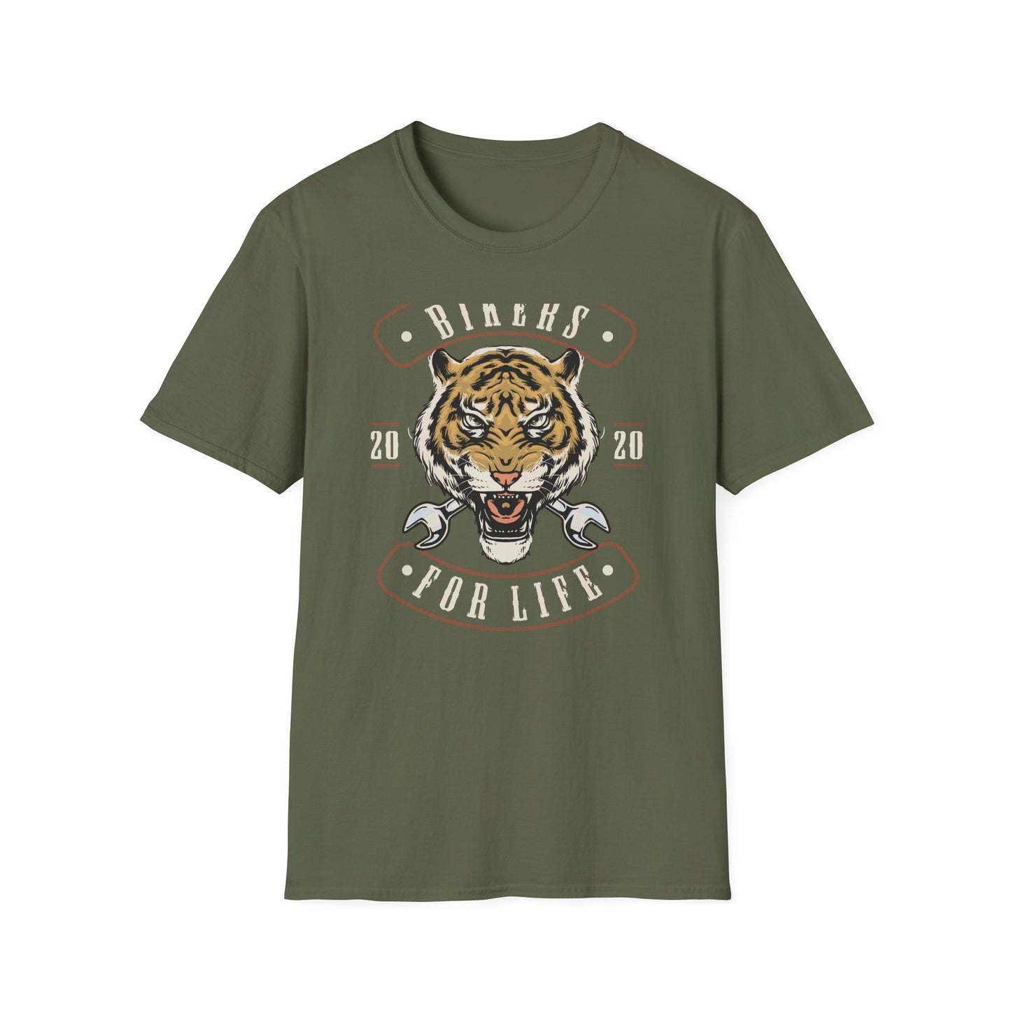 Fierce Biker For Life Roaring Tiger T-Shirt | Men's Motorcycle Club Tee with Wrenches | Bold Vintage Rider Apparel