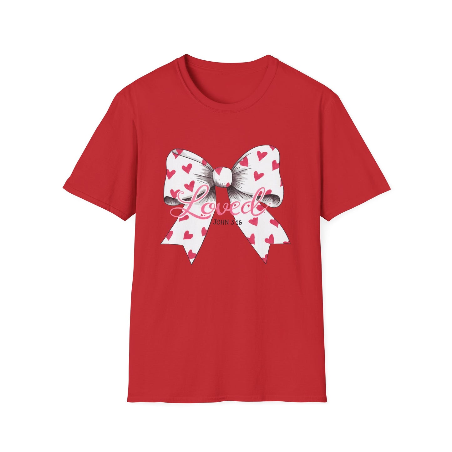 Inspiring 'Loved' John 3:16 T-Shirt | Christian Faith Tee with Hearts Bow | Beautiful Spiritual Gift for Women