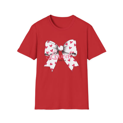 Inspiring 'Loved' John 3:16 T-Shirt | Christian Faith Tee with Hearts Bow | Beautiful Spiritual Gift for Women