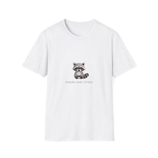 Adorable Raccoon "Snacks Over Stress" T-Shirt - Cozy & Funny Animal Lover Tee | Irresistible Comfort Gift