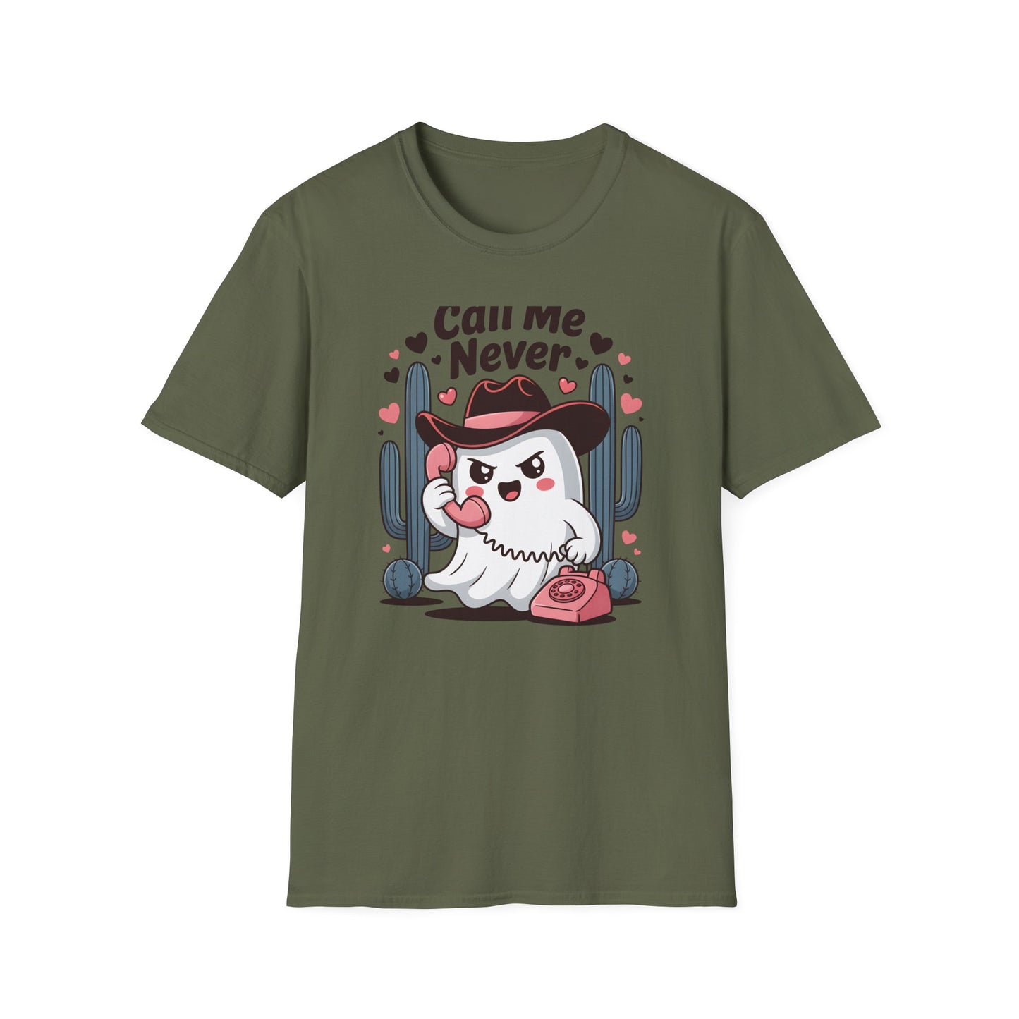 Sassy "Call Me Never" Ghost T-Shirt | Funny Anti-Valentine's Cowboy Ghost Tee | Trendy Western Desert Spooky Cute Apparel