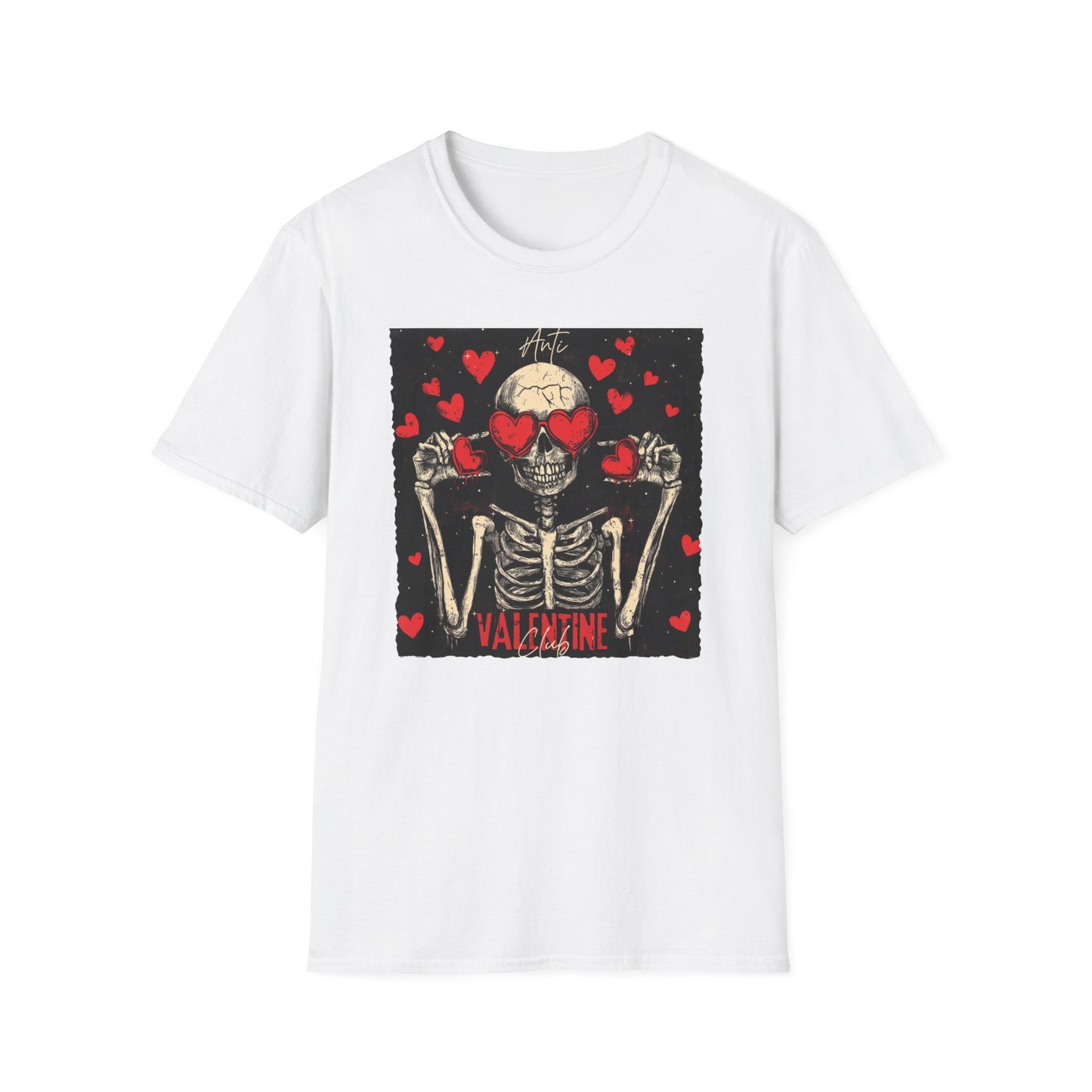 Anti Valentine Club Skeleton T-Shirt - Edgy Skull with Heart Sunglasses & Dripping Hearts | Grunge Anti-Love Tee