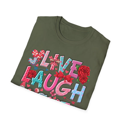 Ultimate Live Laugh Love T-Shirt | Charming Valentine's Gnome & Rose Heart Tee | Expressive Gift for Her