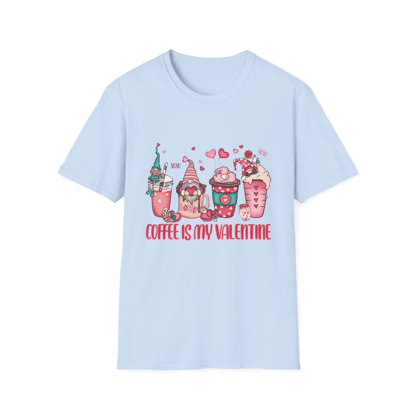 Adorable Coffee is My Valentine Gnomes T-Shirt | Whimsical Hearts & Coffee Lover Tee | Funny Anti-Valentine Gift