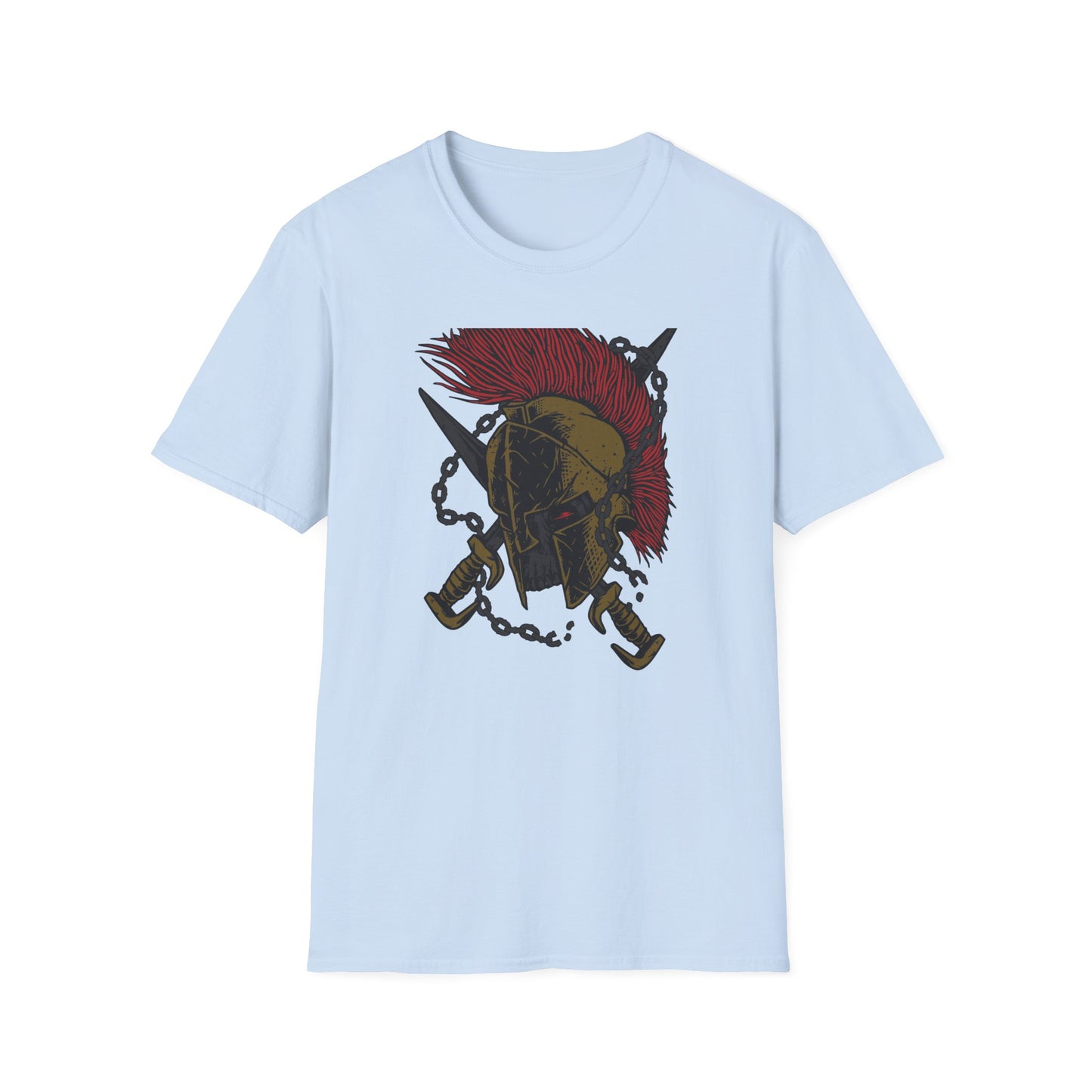 Epic Spartan Skull Helmet T-Shirt - Fearless Warrior Design with Swords & Chains for Men