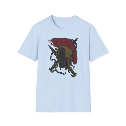 Epic Spartan Skull Helmet T-Shirt - Fearless Warrior Design with Swords & Chains for Men