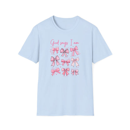Powerful "God Says I Am" Christian T-Shirt for Women | Inspiring Bible Verse & Pink Bows Tee | Empowering Faith Gift