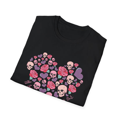 Captivating Goth Skulls & Roses Heart T-Shirt | Edgy 'Love You Till My Lungs Give Out' Tee | Unique Dark Romance Apparel Gift