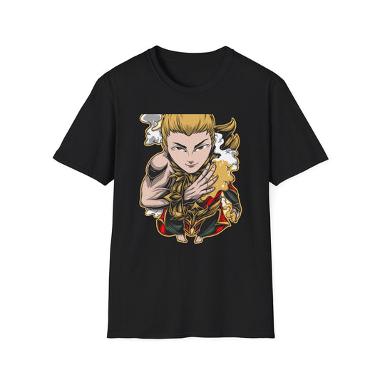 Captivating Mythic Hero T-Shirt | Dynamic Golden Warrior Anime Style Graphic Tee for Gamers & Fantasy Fans