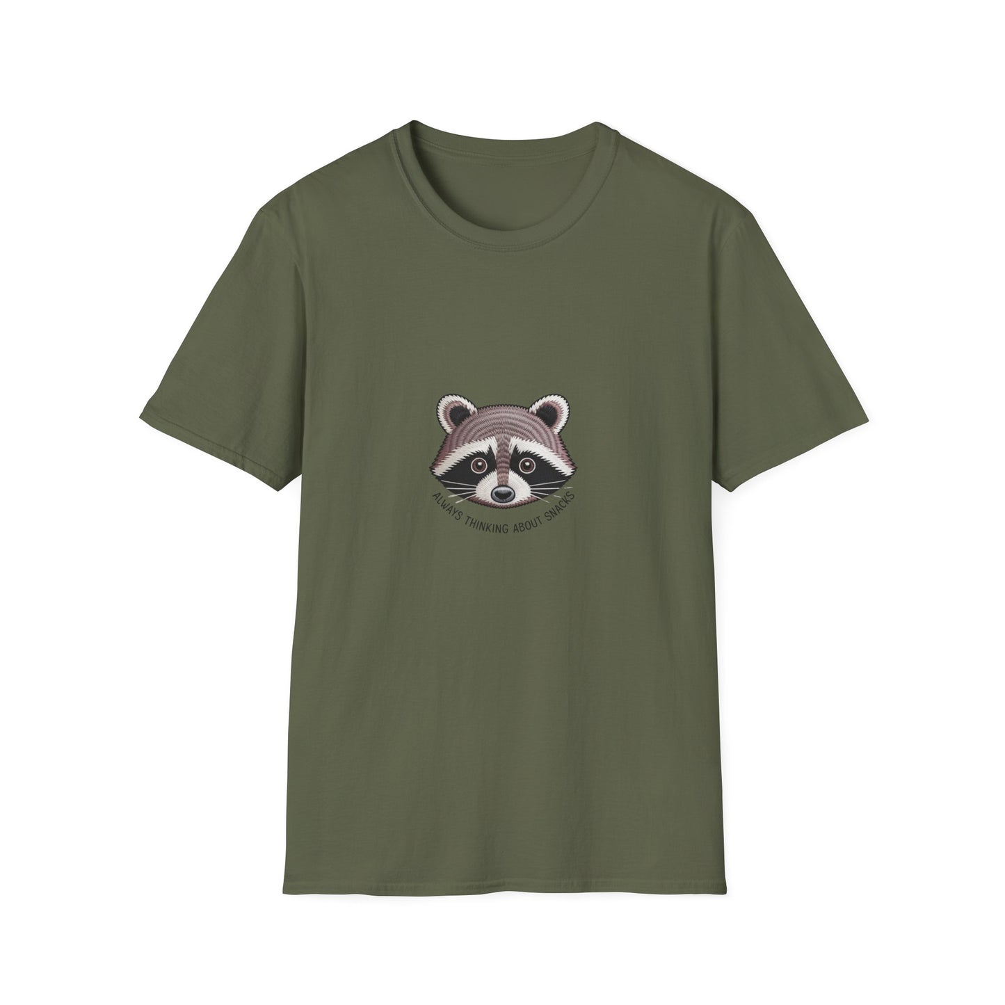 Hilarious Raccoon "Always Thinking About Snacks" Embroidered T-Shirt | Adorable Animal Lover Gift Tee