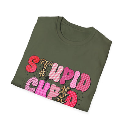 Edgy "Stupid Cupid" T-Shirt - Sarcastic Anti-Valentine's Day Tee with Retro Leopard & Glitter Patterns
