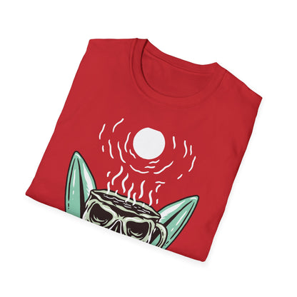 Skull Coffee Surfboard T-Shirt | Edgy Summer Beach Vibes Tee | Unique Design for Coffee Lovers & Surfers