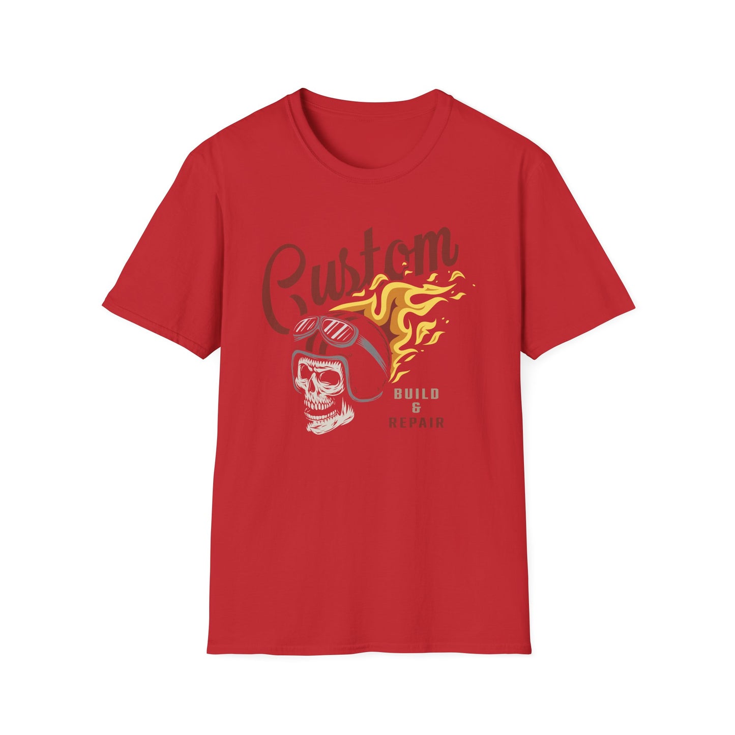 Custom Build & Repair T-Shirt | Vintage Biker Skull Flames Tee | Iconic Mechanic & Hot Rod Enthusiast Apparel