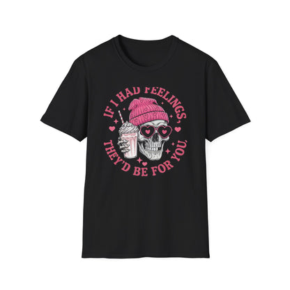 Sassy Skull Feelings T-Shirt - Trendy Pink Beanie & Heart Glasses Milkshake Tee | Funny Anti-Valentine's Edgy Humor Gift